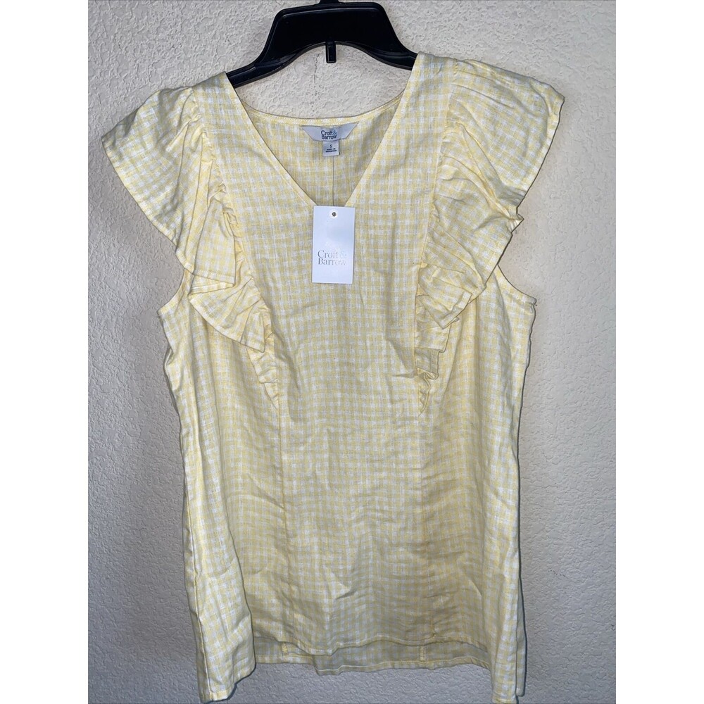 new Linen gingham plaid tank top Yellow Ruffle S Croft Barrow lagen picnic